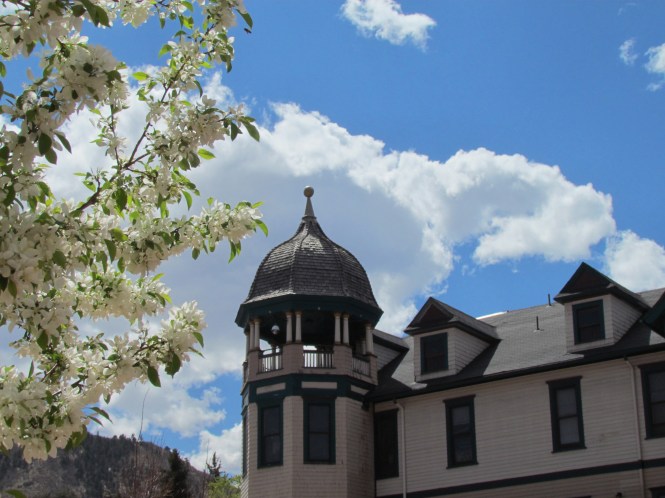 Blooming crabapple tree and Barker House, Manitou Springs, Colorado.